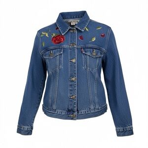 A.M.I Vintage Blue Denim Jacket Embroidered Rose and Petals Size X-Large Trucker